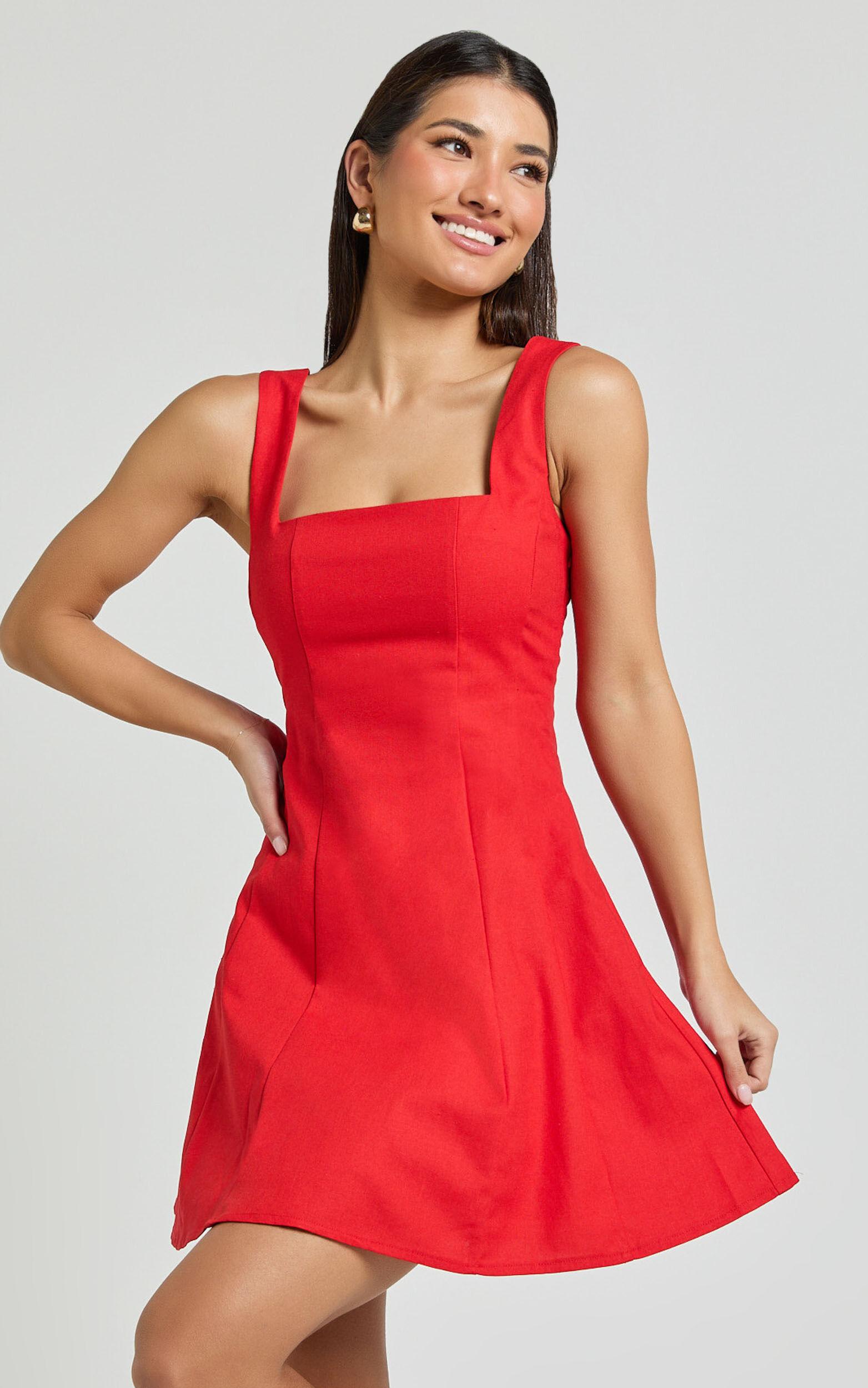 Adiana Mini Dress - Linen Square Neck Shirred Back A Line Dress in Red Product Image