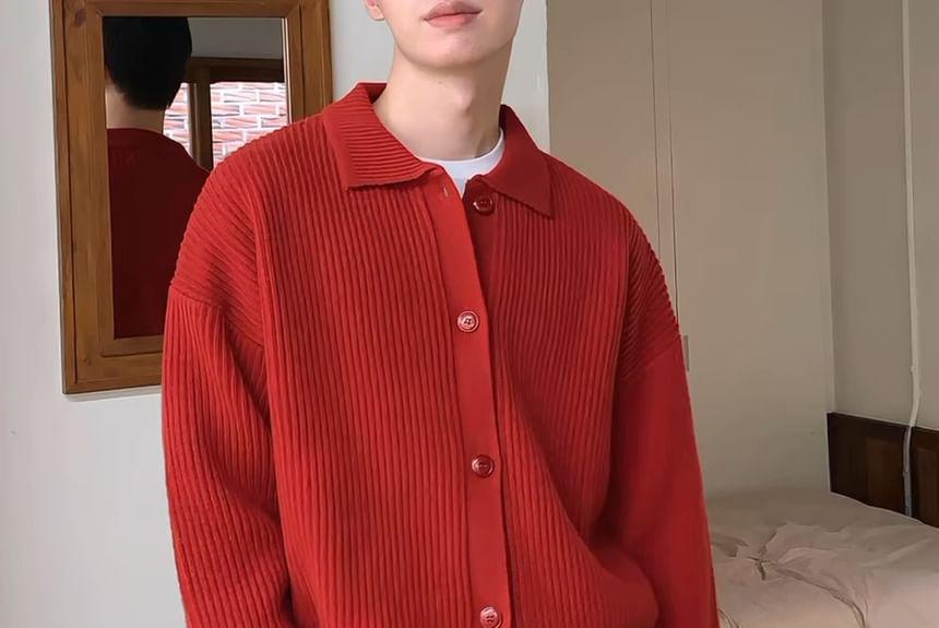 Collar Plain Ribbed Cardigan Product Image