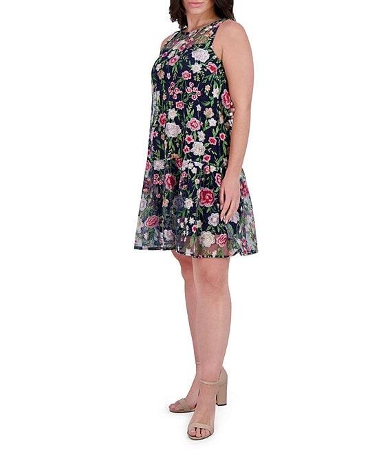 Kensie Embroidered Mesh Floral Print Boat Neck Sleeveless Shift Mini Dress Product Image