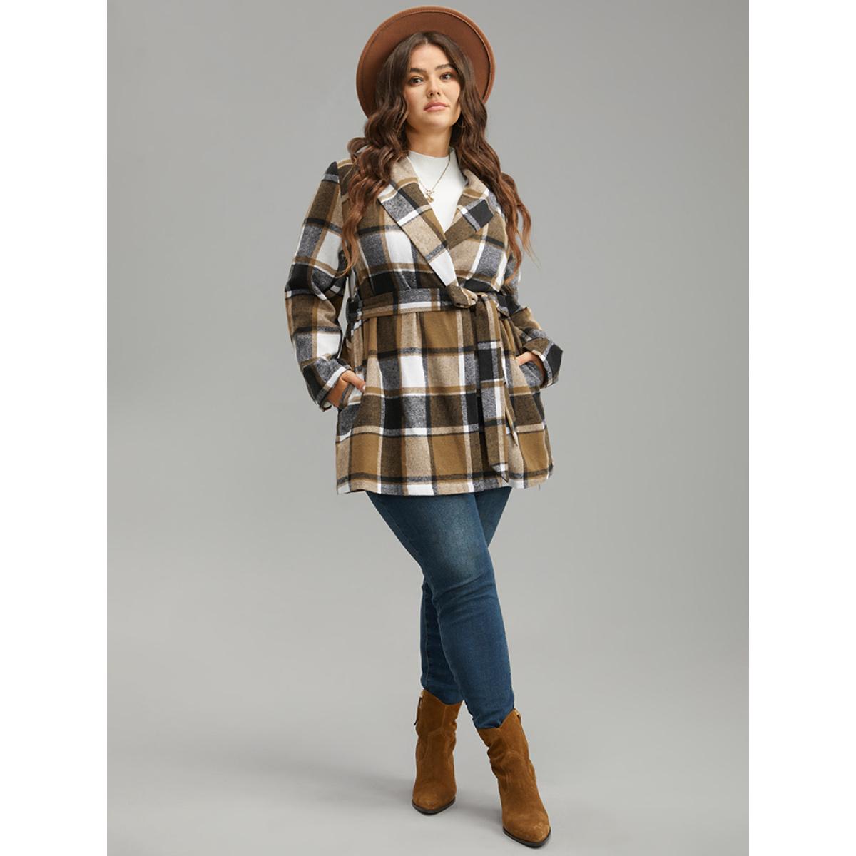 Plus Size Plaid Contrast Belted Lapel Collar Coat Women Tan Casual Belted Ladies Dailywear Winter Coats BloomChic 30/6X Product Image
