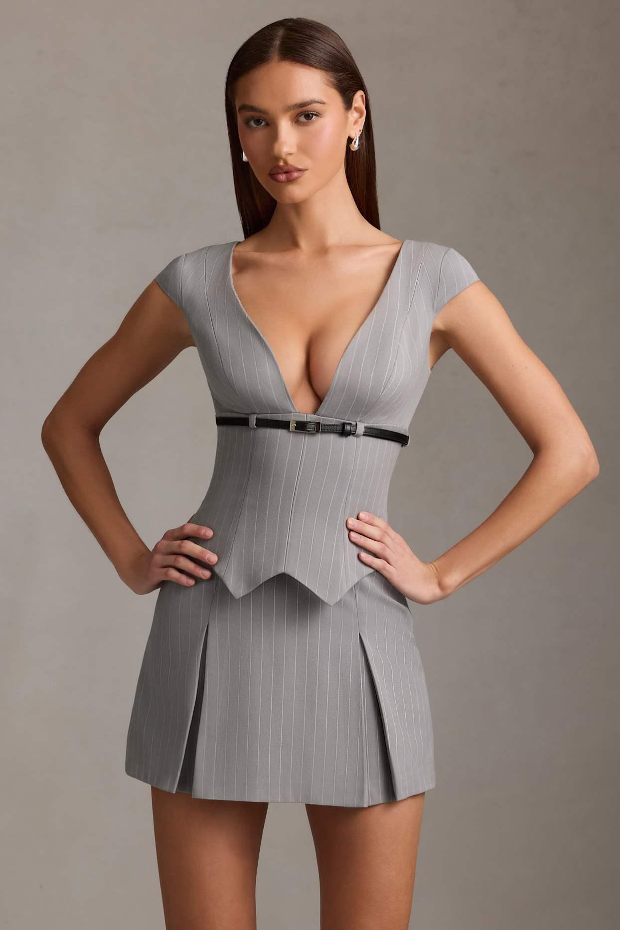 Pinstripe Pleated Waistcoat Mini Dress in Grey Product Image