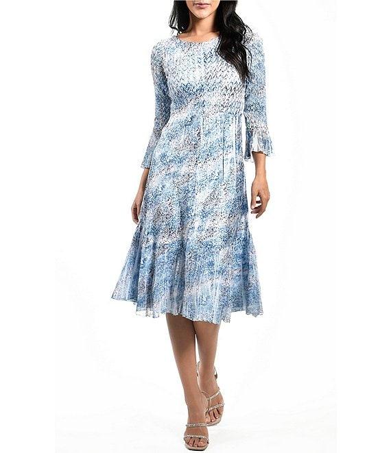 Komarov Boat Neck 3/4 Flutter Sleeve Printed Dress Product Image