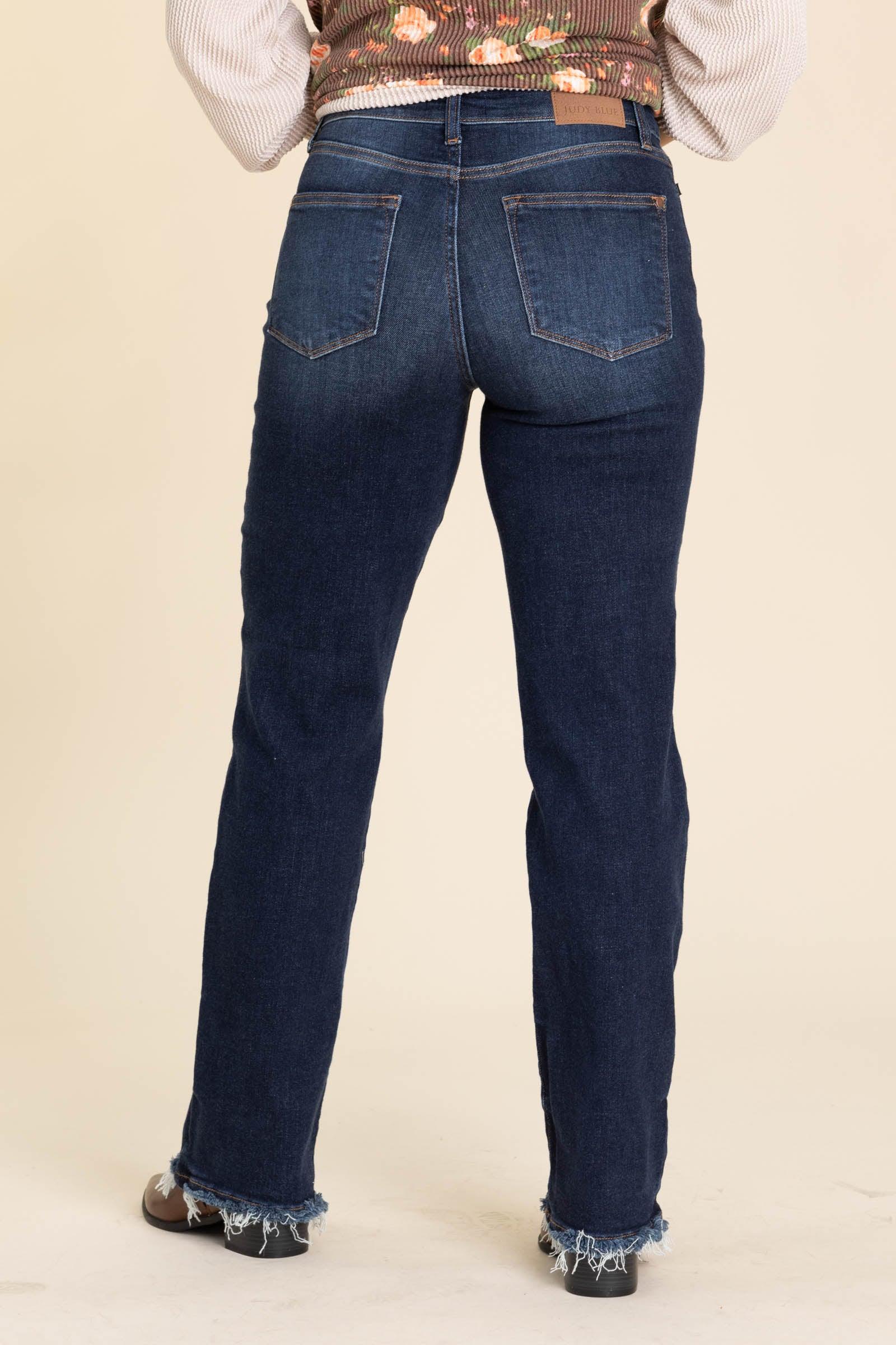 Judy Blue Dark Straight Leg Fray Hem Jeans Product Image