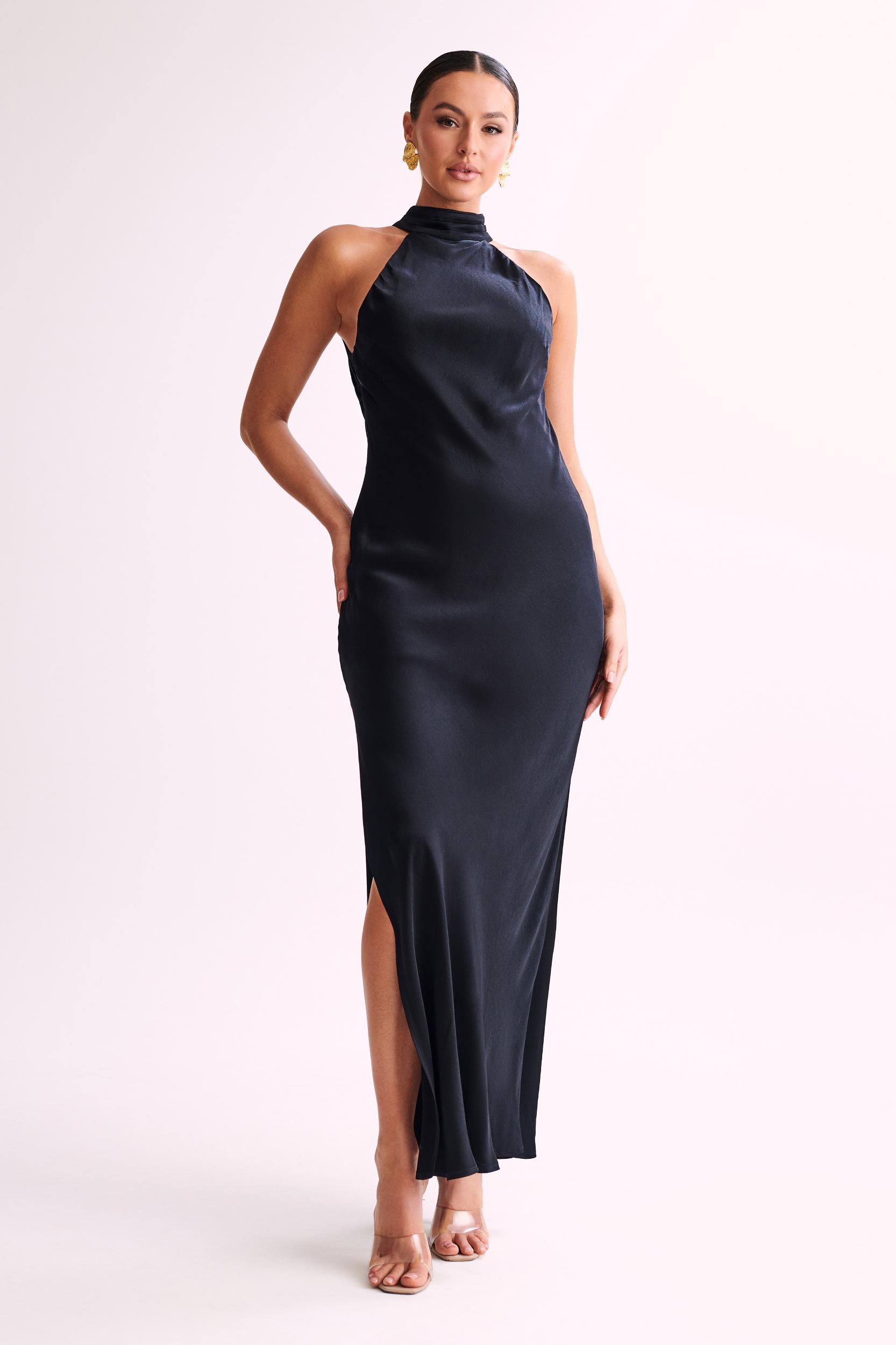 Claire Satin Drape Back Maxi Dress with Split - Black Product Image