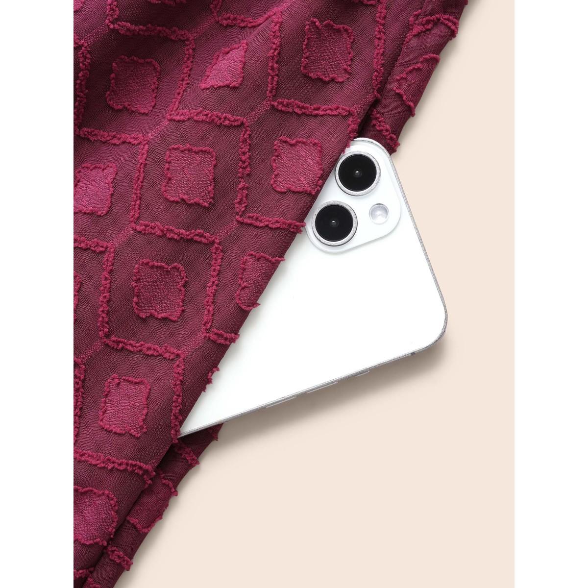 Plus Size Square Neck Textured Mesh Shirred Dress Burgundy Women Elegant Texture Square Neck Long Sleeve Curvy BloomChic 30/6X Product Image