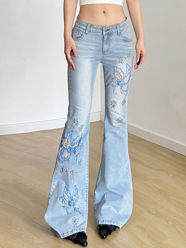 Butterfly Embroidery Beading Flare Jeans Product Image