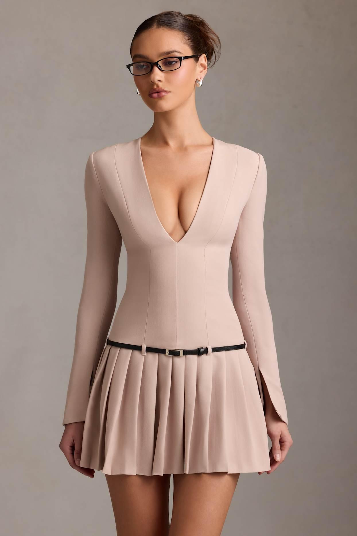 Long-Sleeve Pleated Mini Dress in Mushroom Product Image