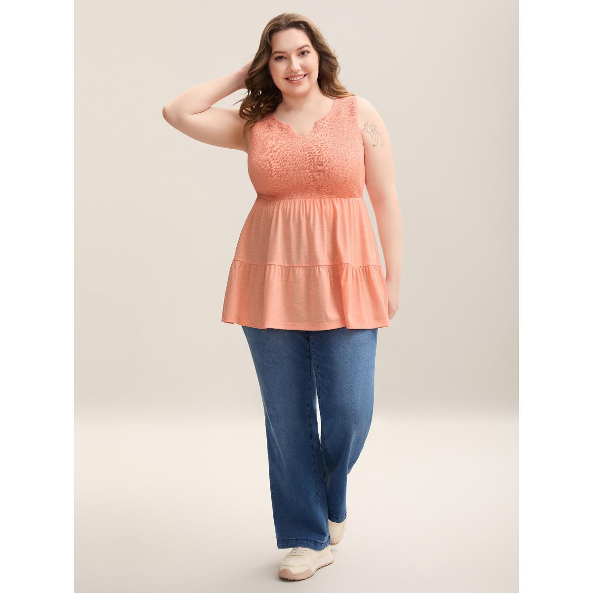 Plus Size Shirred Bodice Spliced Tiered Sleeveless Top Women Coral Elegant Gathered Notched collar Everyday Tank Tops Camis BloomChic 30/6X Product Image