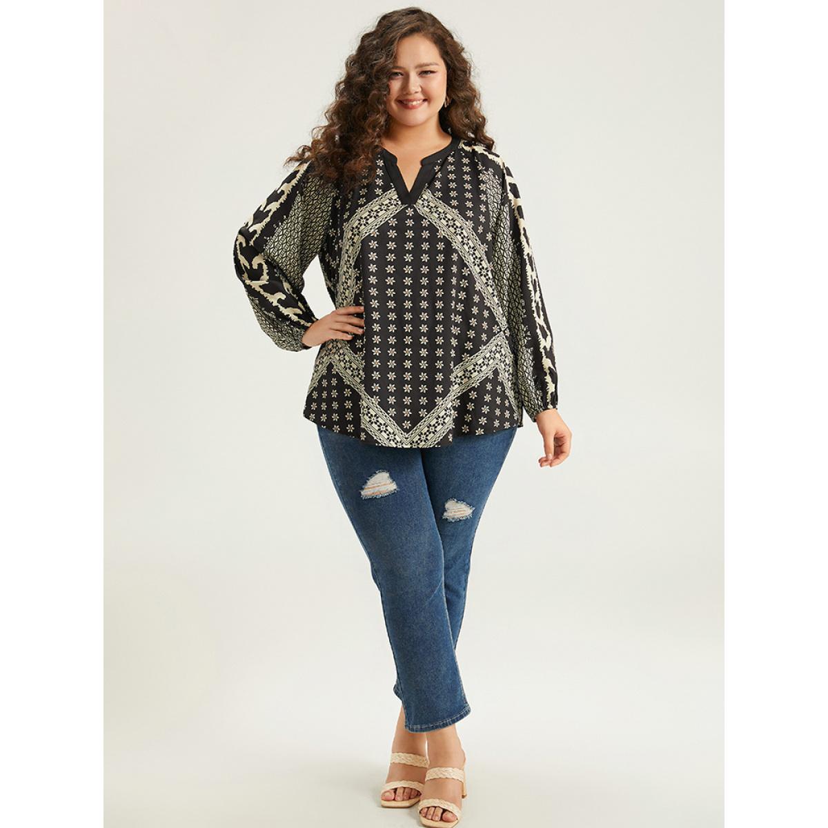 Plus Size Black Boho Print Lantern Sleeve Notched Blouse Women Vacation Long Sleeve Notched collar Dailywear Blouses BloomChic 18-20/2X Product Image