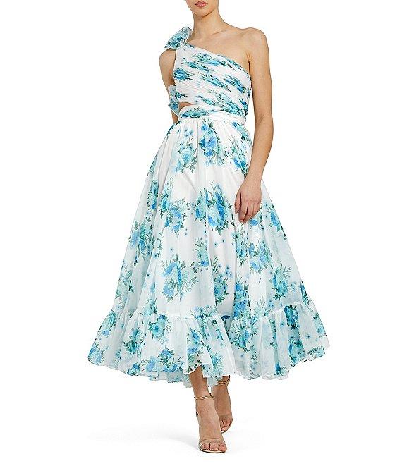 Mac Duggal One Shoulder Cut Out Floral Print Chiffon Midi Dress Product Image