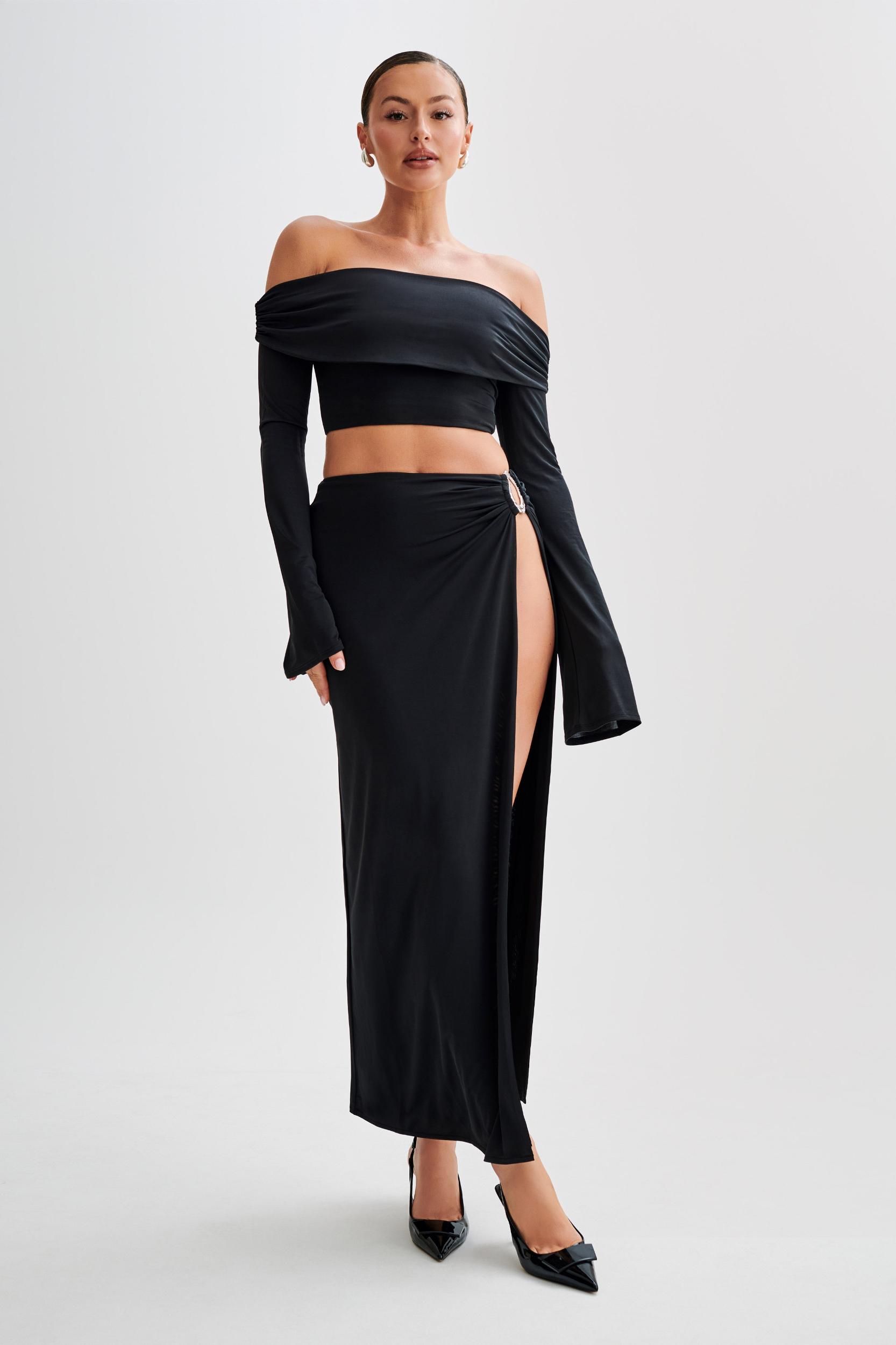 Camryn Slinky Off Shoulder Crop Top - Black Product Image