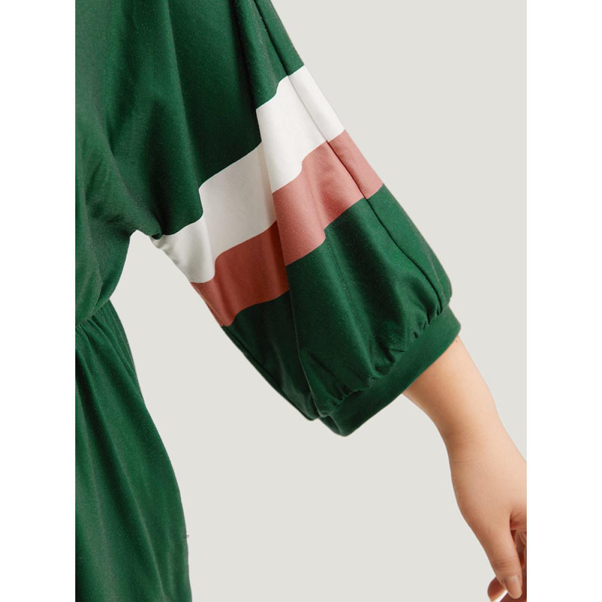 Plus Size Striped Contrast Pocket Bowknot Patchwork Dress DarkGreen Women Casual Cross straps Round Neck Elbow-length sleeve Curvy Midi Dress BloomChic 14-16/1X Product Image