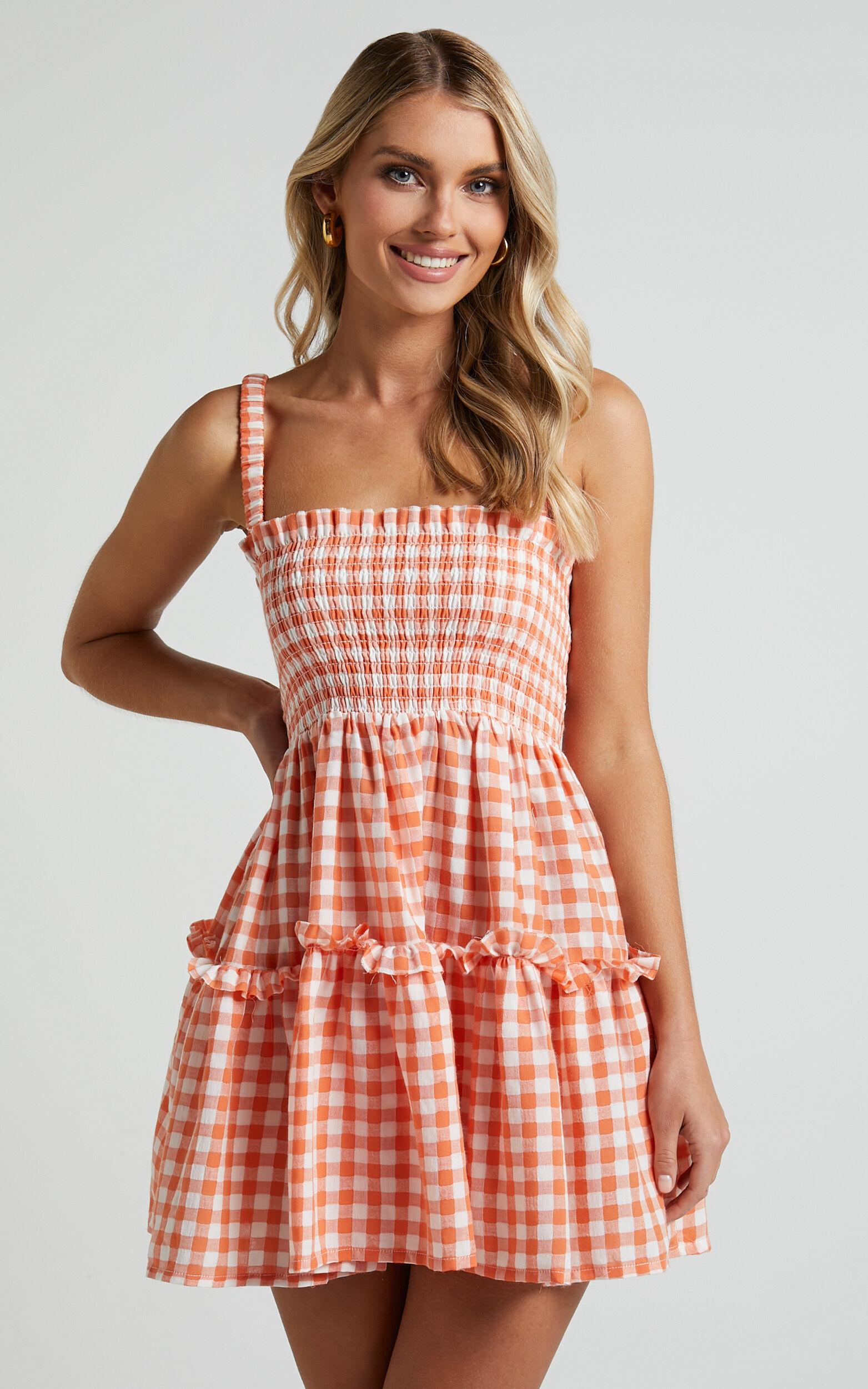 Wilda Mini Dress - Shirred Tiered Dress in Orange Product Image