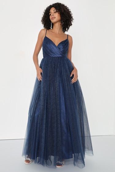 Spellbinding Beauty Navy Glitter Sleeveless Tulle Gown Product Image