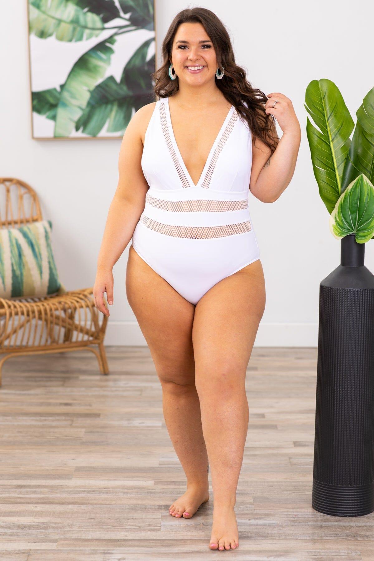 White V-Neck One Piece Swimsuit Product Image