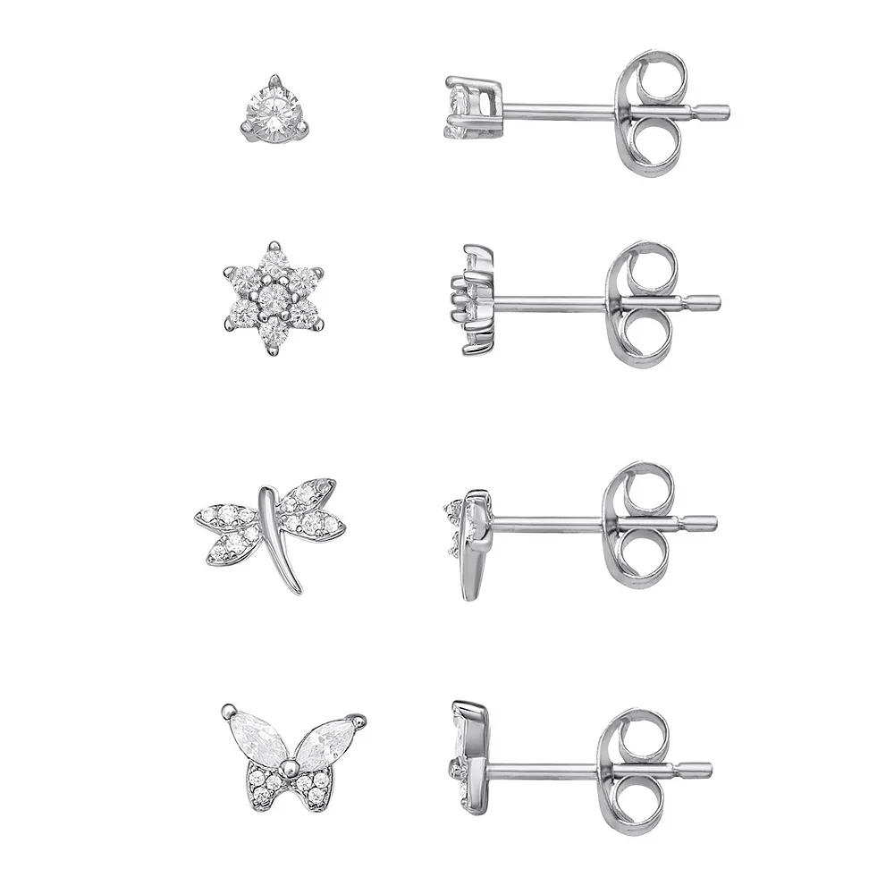 PRIMROSE 4-pair Sterling Silver Cubic Zirconia Flower, Dragonfly, & Butterfly Stud Earring Set, Women's Product Image