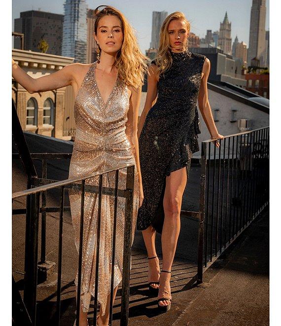 Belle by Badgley Mischka Julia Sequin Ruched Ombre Halter Neck Sleeveless Drape Front Midi Dress Product Image