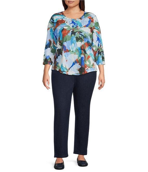 Allison Daley Plus Blue Artistry Painting Print Embellished 3/4 Ruched Sleeve Crew Neck Knit Top Product Image