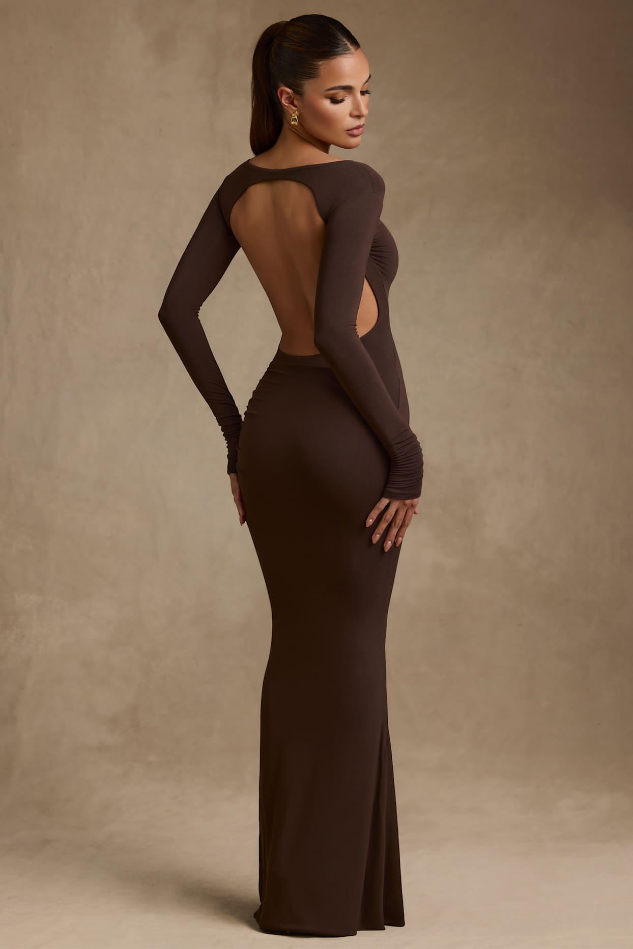 Modal Ruched Backless Maxi Dress in Chocolate Brown Product Image