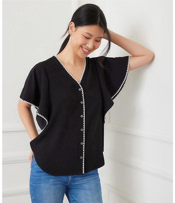 Karen Kane Flutter Sleeve Edge Stitch Butt Front Top Product Image