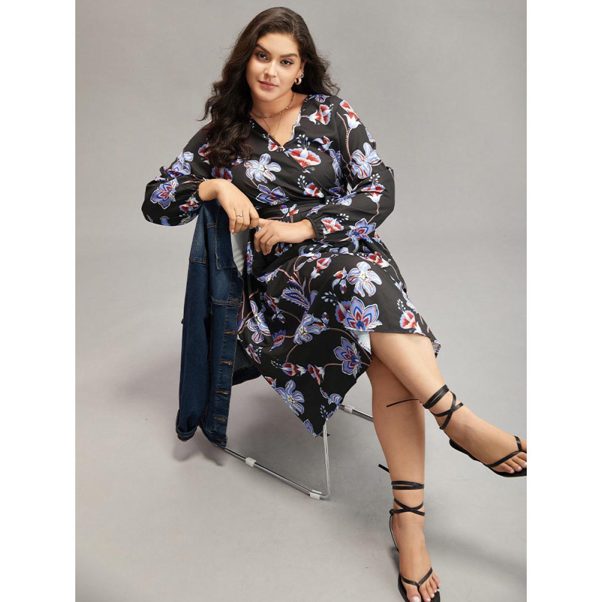Plus Size Floral Print Elastic Cuffs Belted Dress Black Women Elegant Elastic cuffs V-neck Long Sleeve Curvy Midi Dress BloomChic 18-20/2X Product Image