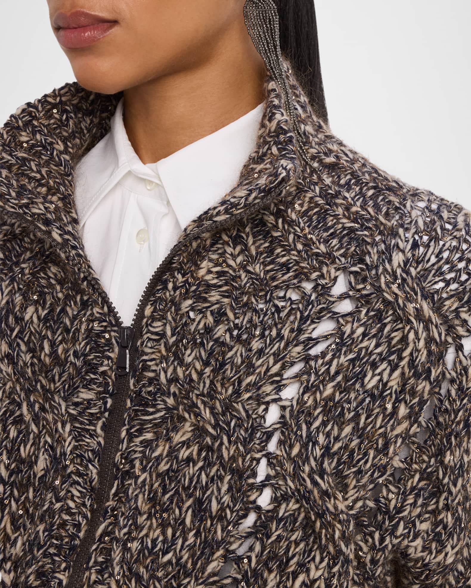 Paillette Marbled Mohair Cable Knit Zip Cardigan Product Image