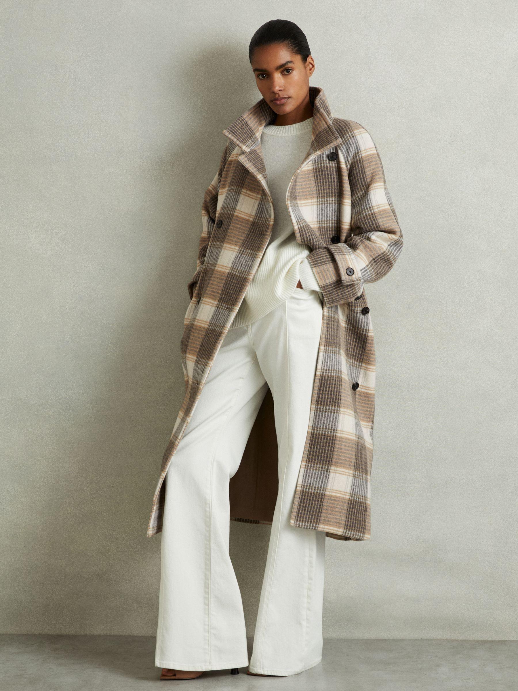 Wool Blend Check Double Breasted Coat in Neutral Check Product Image