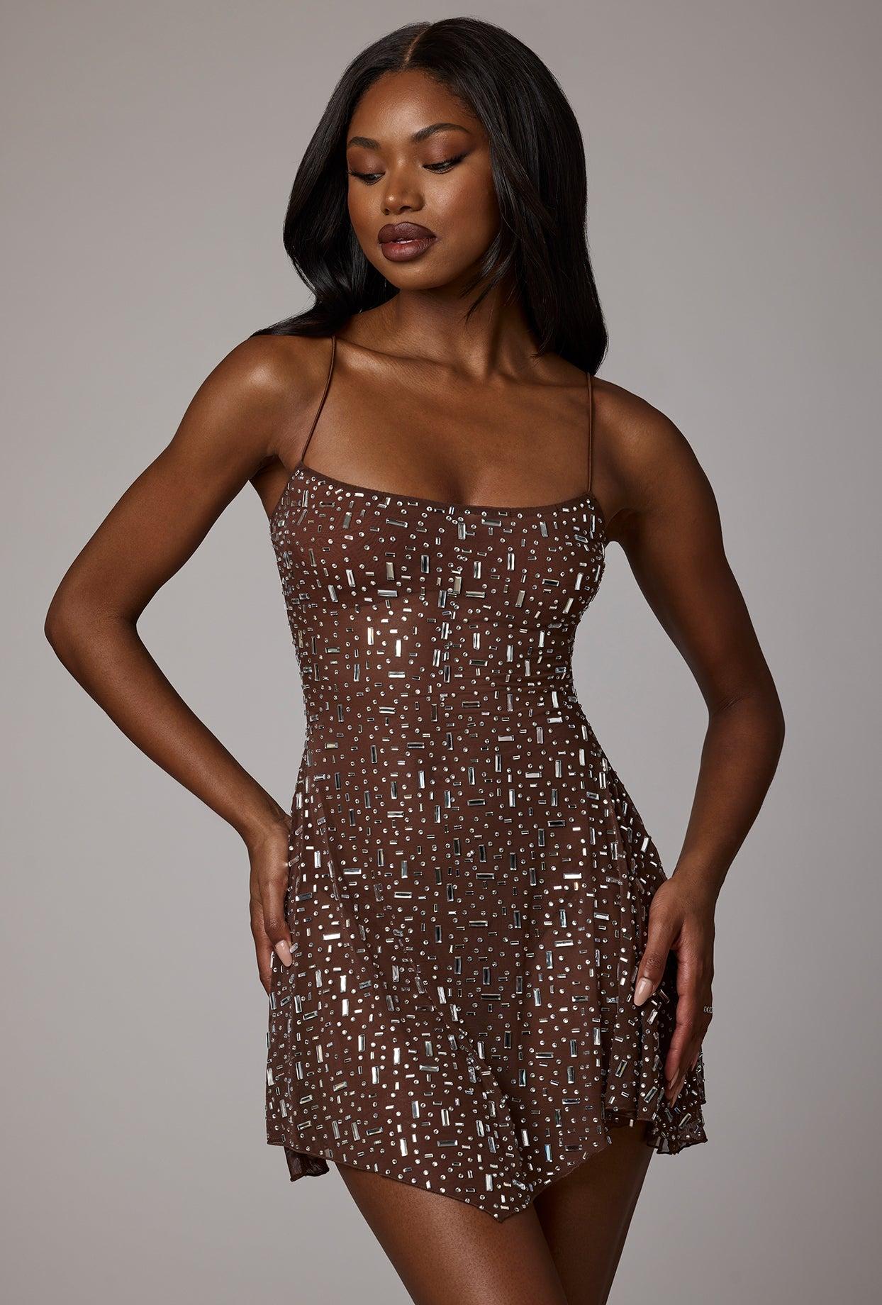 Sheer Embellished Scoop Neck Mini Dress in Deep Cocoa Product Image