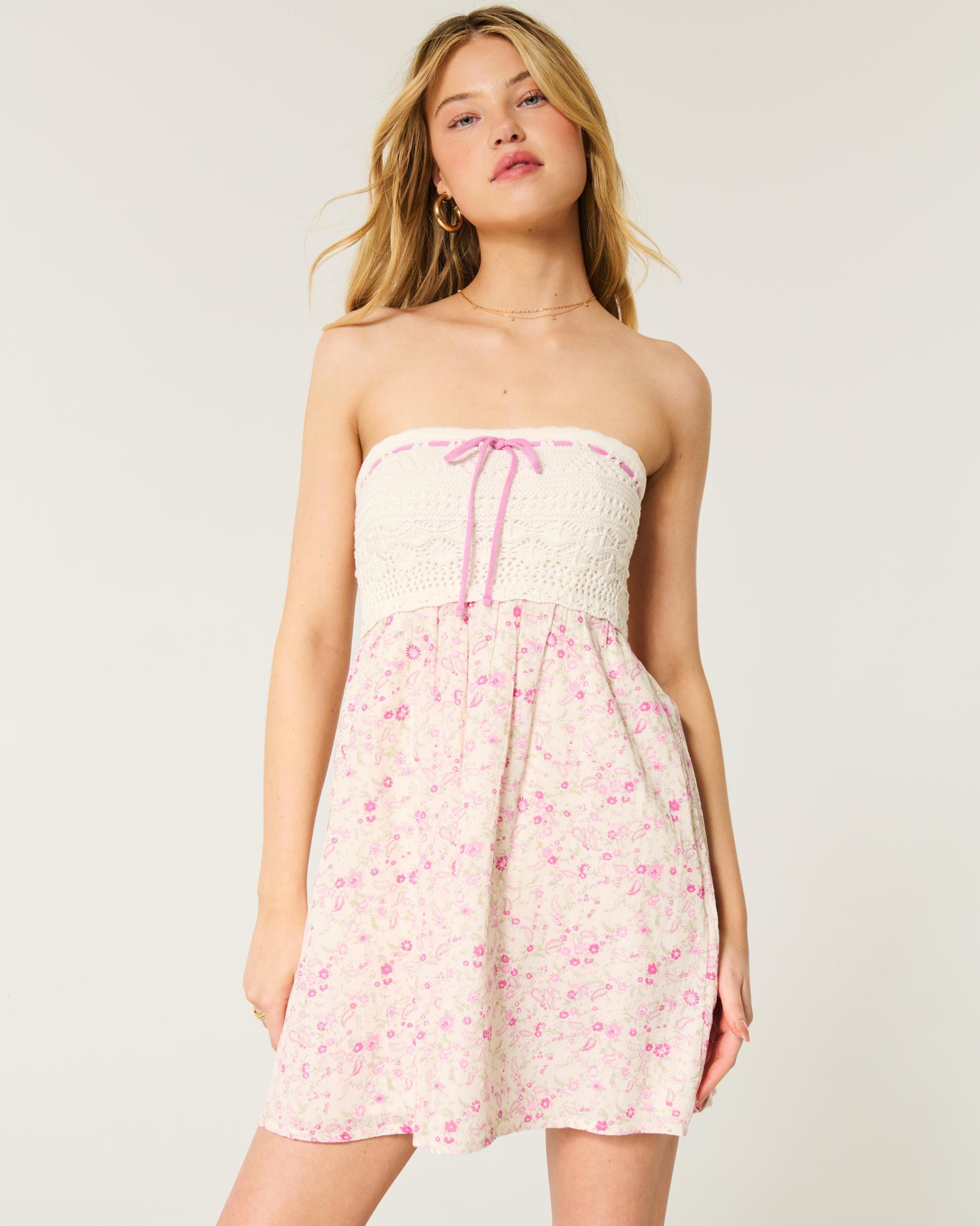 Strapless Crochet-Style Mix Mini Dress Product Image