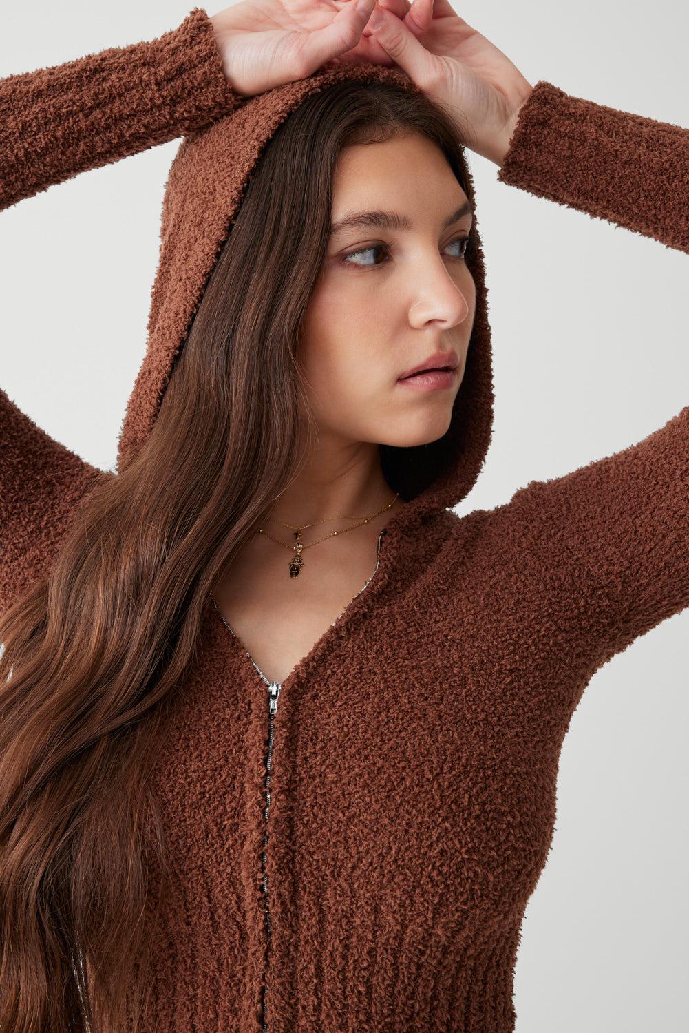 Harlowe Fuzzy Zip Up Hoodie - Chocolate Lily Product Image