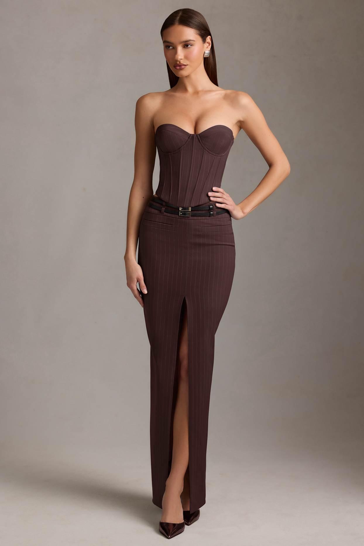 Pinstripe Low-Rise Maxi Skirt in Chocolate Brown Product Image