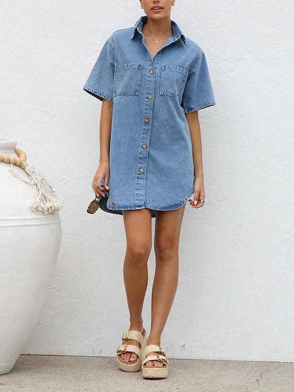 Loose Short Sleeves Split-Joint Lapel Mini Dresses Shirt Dress Product Image