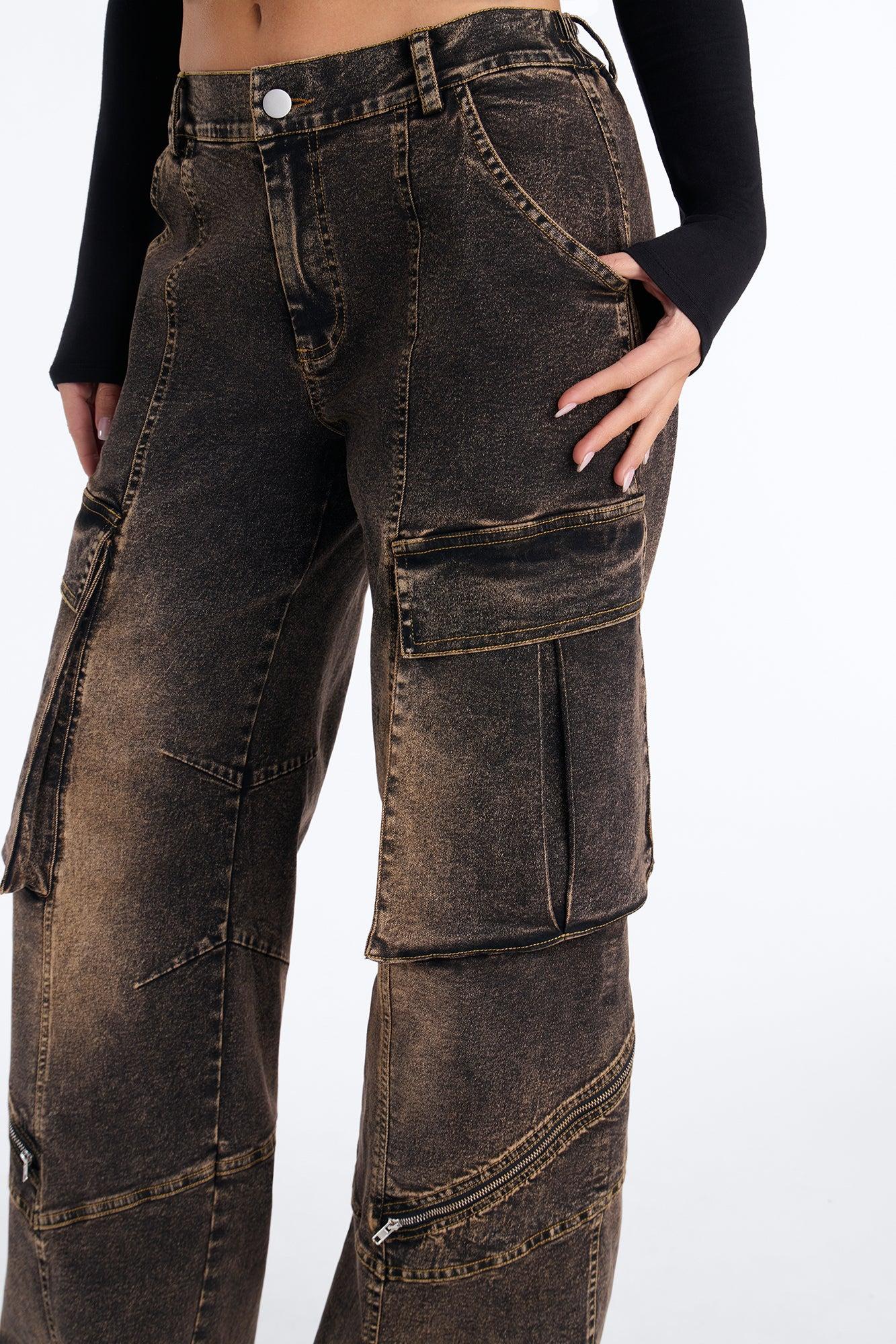 Just A Phase Stretch Wide Leg Washed Cargo Pant - Brown Female Product Image