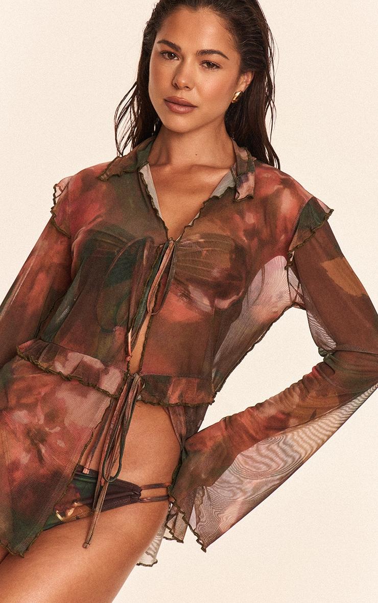 Multi Water Color Print Mesh Frilly Tie Front Beach Top Product Image