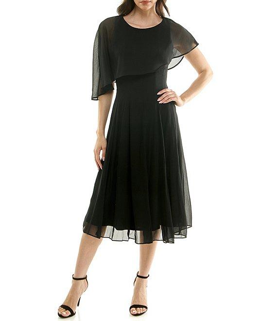 Moda Tara Crinkle Chiffon Asymmetrical Capelet Sleeve Midi Dress Product Image