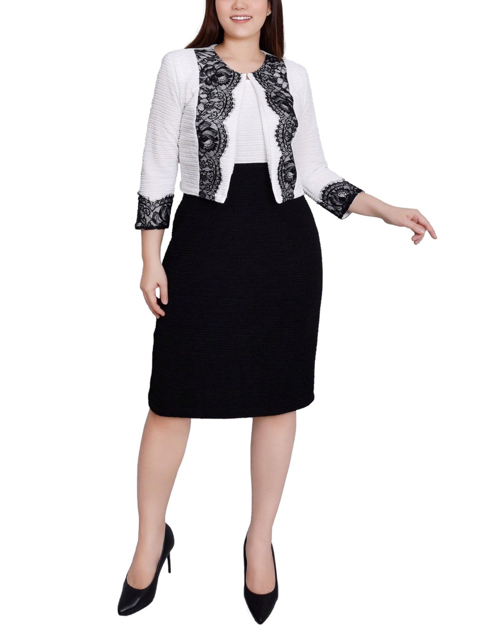 White Black Lace-Detail 2 Piece Textured Knit Dress Set - Petite Product Image