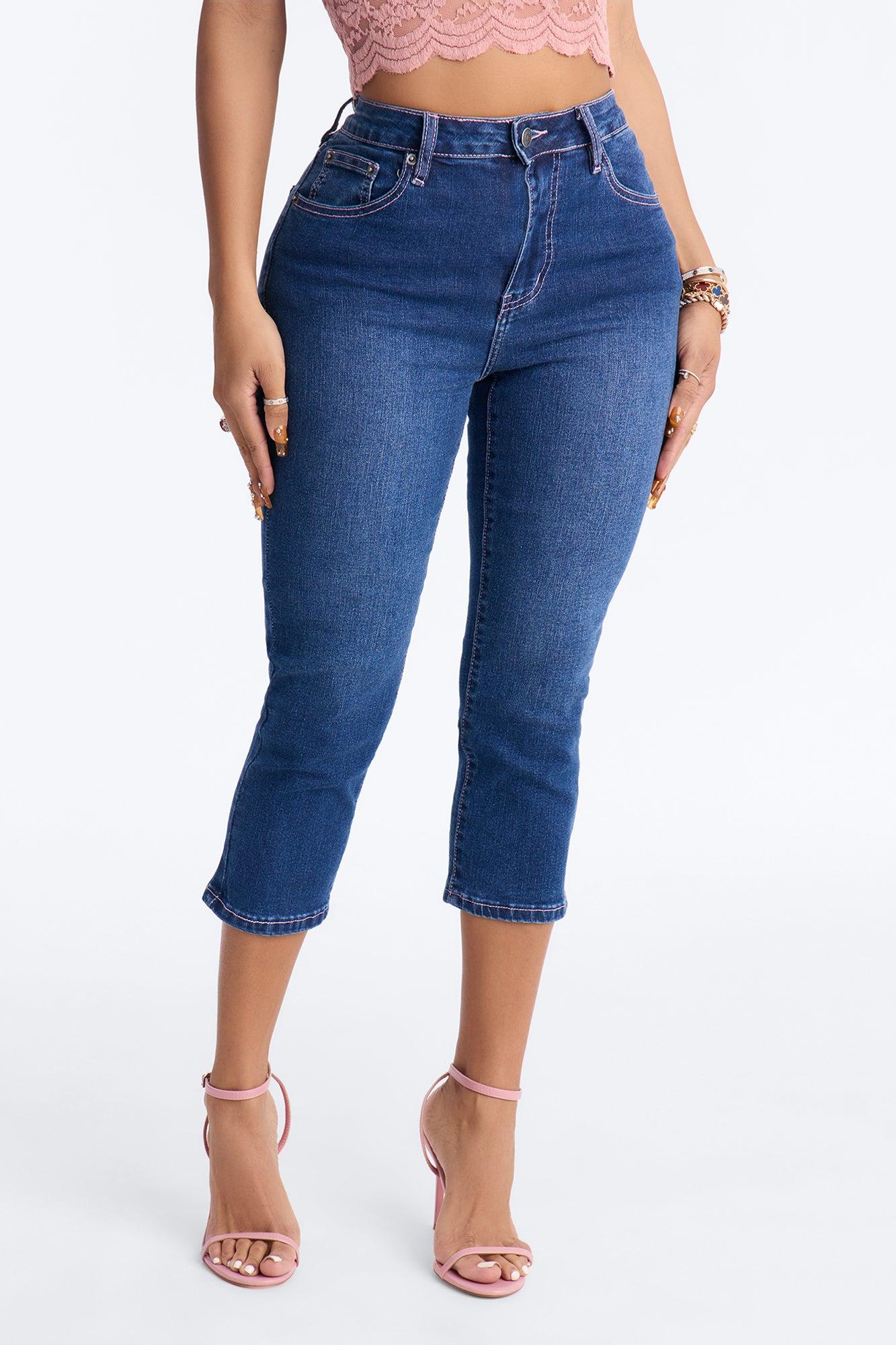 Amour Rhinestone Embellished Capri Jeans - Dark Wash Female Product Image