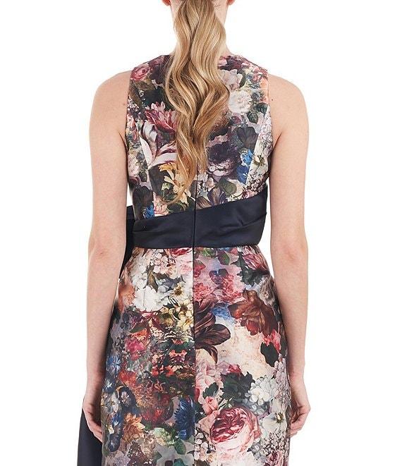 Kay Unger Floral Sleeveless Surplice V-Neck Asymmetrical Bow Empire Waist Tulip Dress Product Image