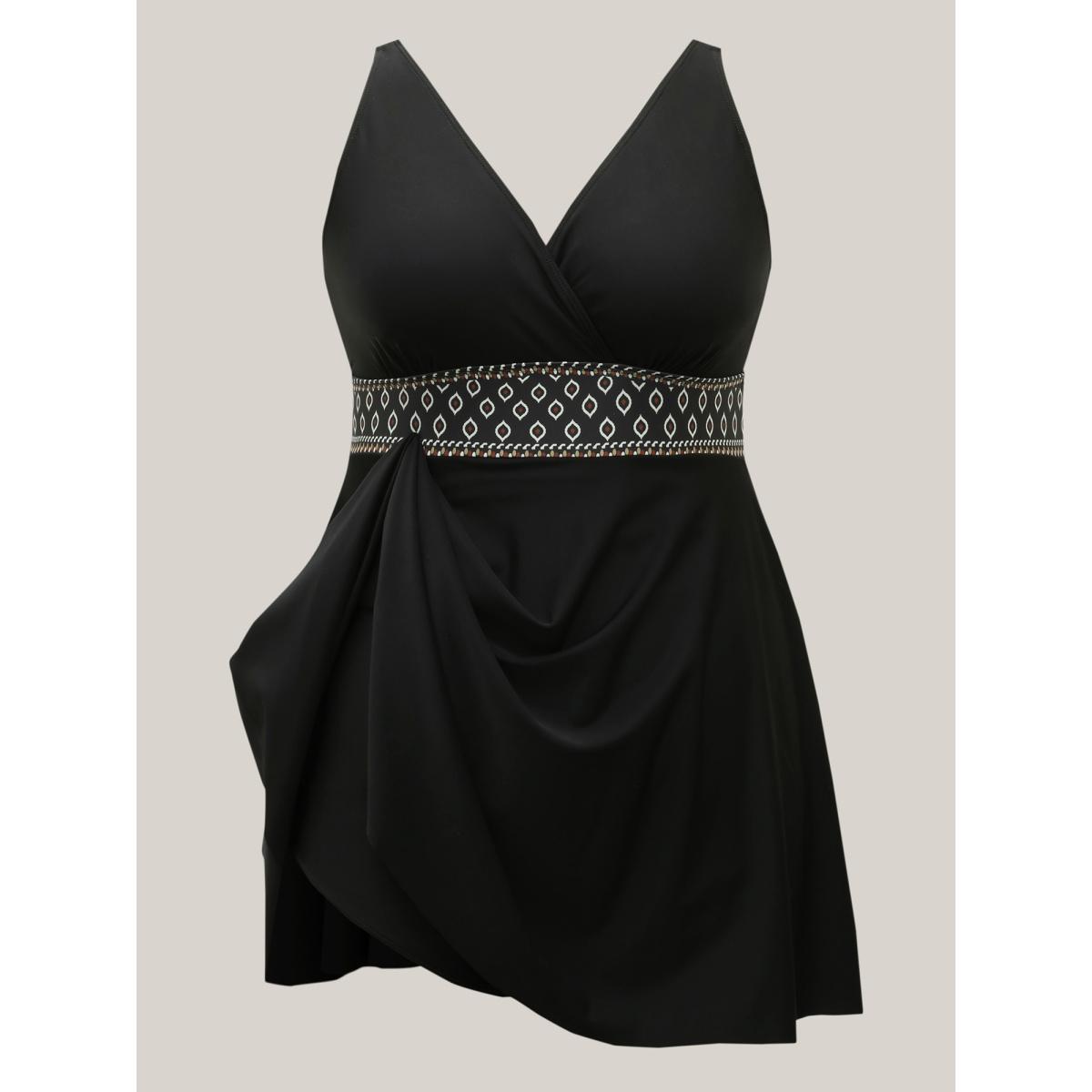 Plus Size Shell Embroidered Surplice Neck Swim Dress Women's Swimwear Black Beach Bodycon Overlap Collar High stretch Curve Swim Dresses BloomChic 18-20/2X Product Image