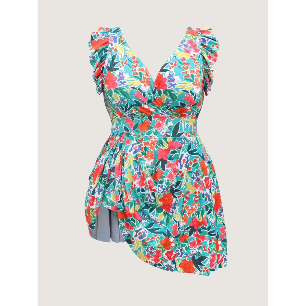 Plus Size Anti-Float Tie Ruffled Floral Swim Dress Women's Swimwear Malachitegreen Resort Bodycon Overlap Collar High stretch Curve Swim Dresses BloomChic 18-20/2X Product Image