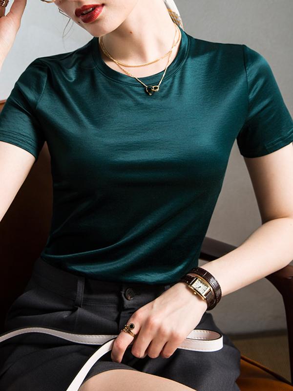 Loose Short Sleeves Shiny Solid Color Round-Neck T-Shirts Tops Product Image