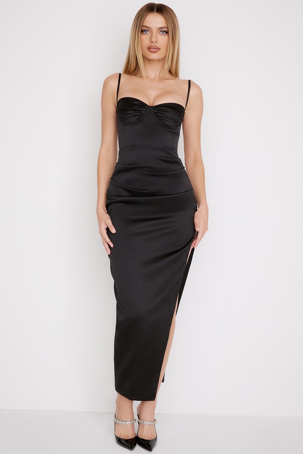Flora  black satin pleated corset midi dress Product Image