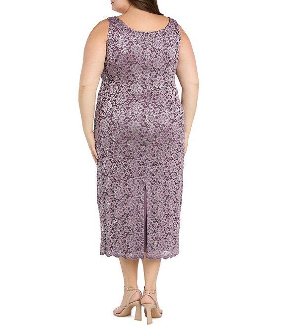 R & M Richards Plus Size Lace Sequin Power Mesh Scallop Trim 3/4 Sleeve Jacket Midi Dress Product Image