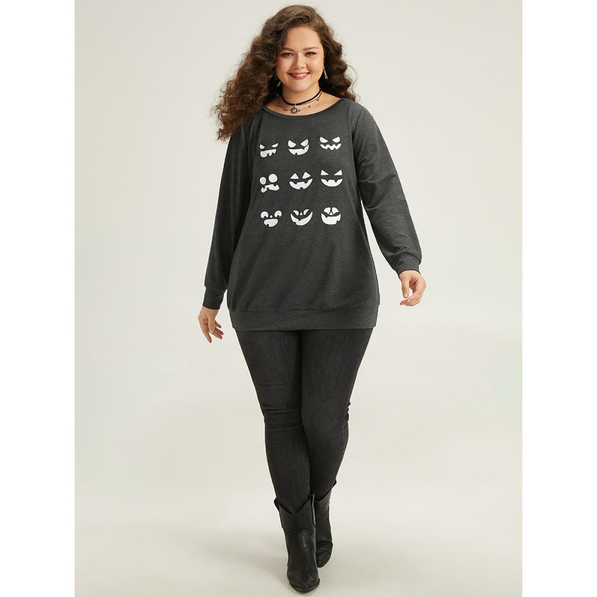 Plus Size Round Neck Halloween Print Sweatshirt Women DimGray Casual Printed Festival-Halloween Sweatshirts BloomChic 10/M Product Image