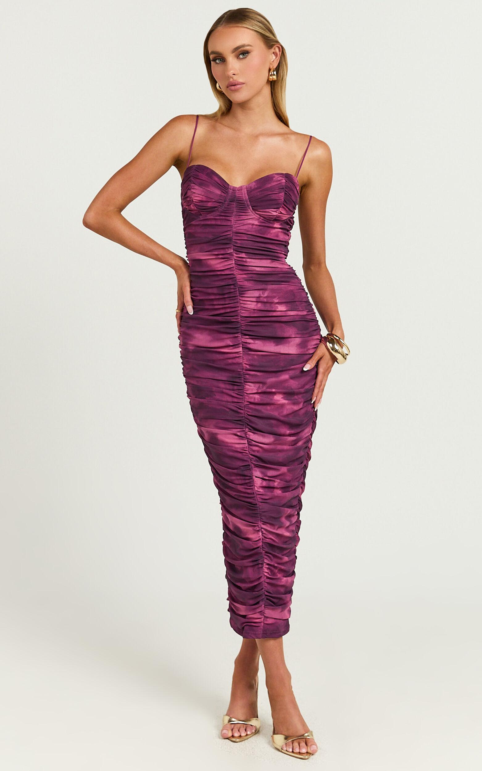Leanor Midi Dress - Mesh Ruched Bustier Bodycon Dress in Purple Fields Product Image