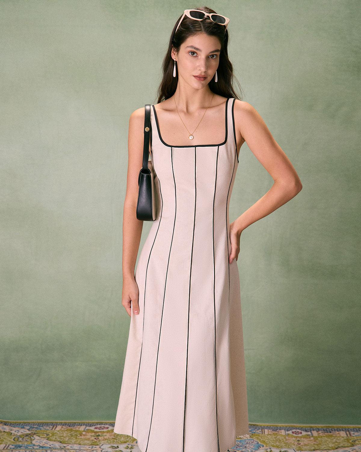 The Khaki Square Neck Contrast Midi Dress Product Image