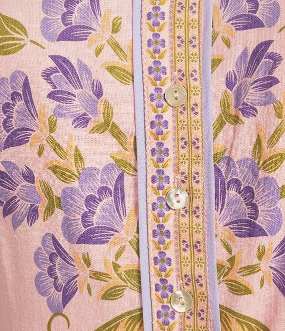 A Loves A Floral Woven Linen Round Neck Short Bubble Sleeve Button Front Tie at Waist A-Line Flounce Mini Dress Product Image