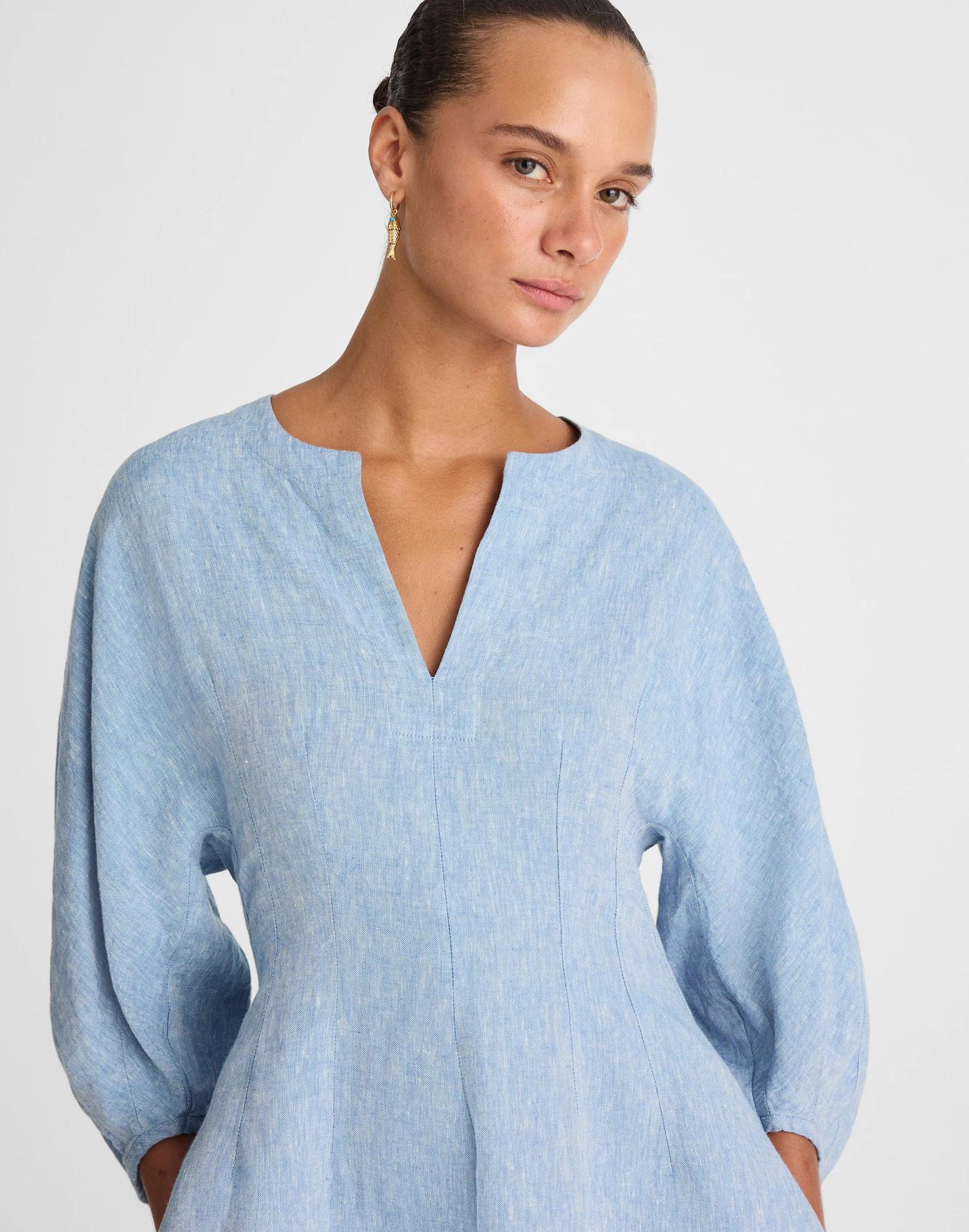 Splitneck Mini Dress in 100% Linen Product Image