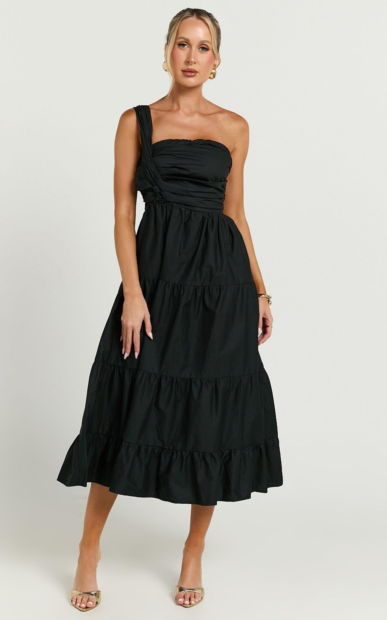 Stephanie Midi Dress - One Shoulder Tiered Midi Dress in Black Product Image
