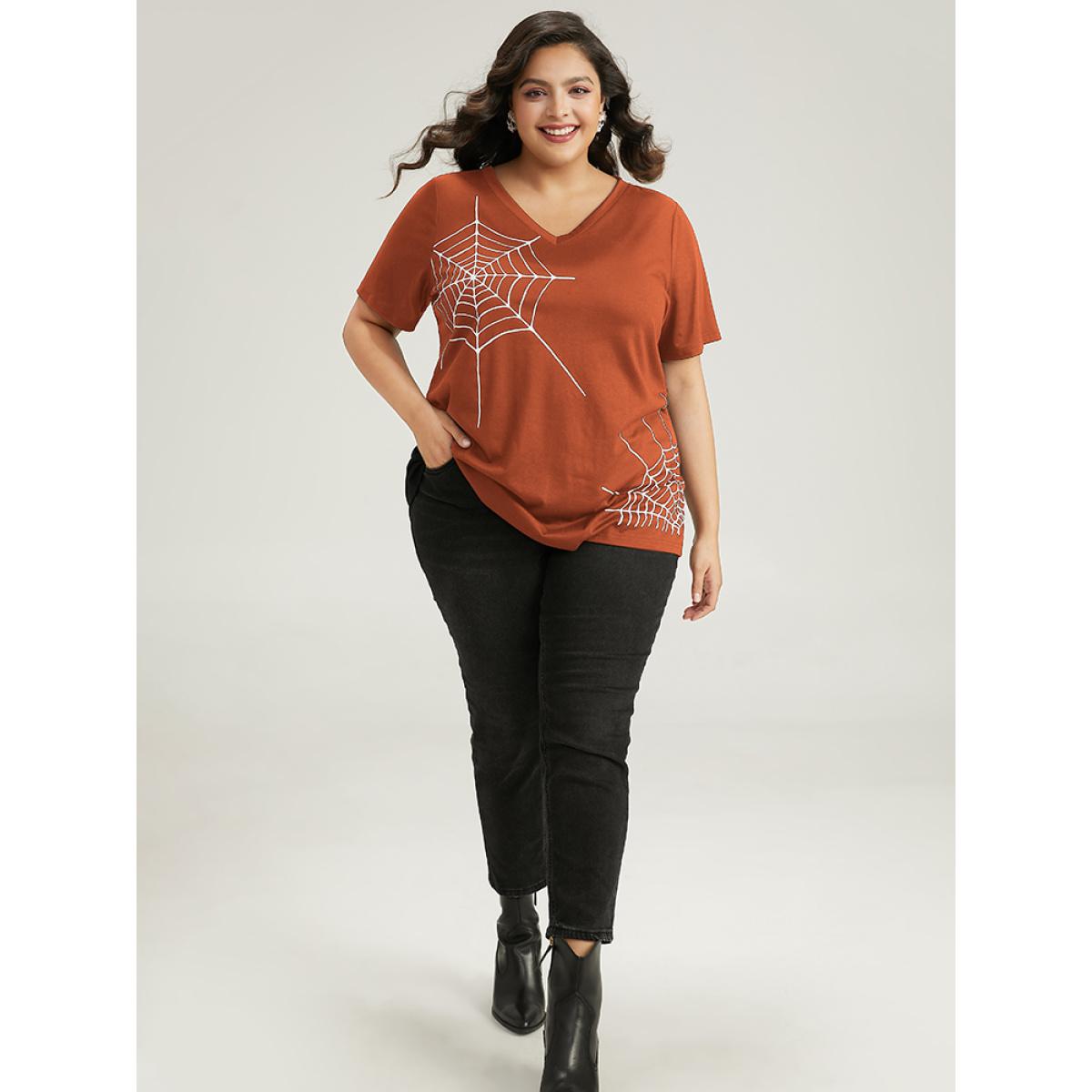 Plus Size Halloween Spider Web Print V Neck T-shirt Chocolate Women Casual Printed Halloween V-neck Festival-Halloween T-shirts BloomChic 30/6X Product Image